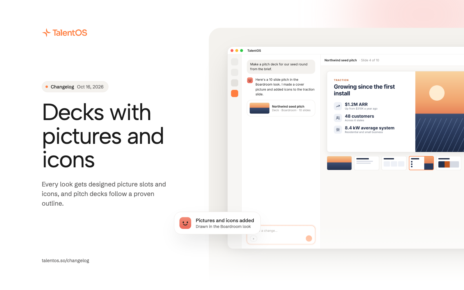 A pitch deck in the Boardroom look with a traction slide that pairs icon-led figures with a picture, above a strip of slide thumbnails