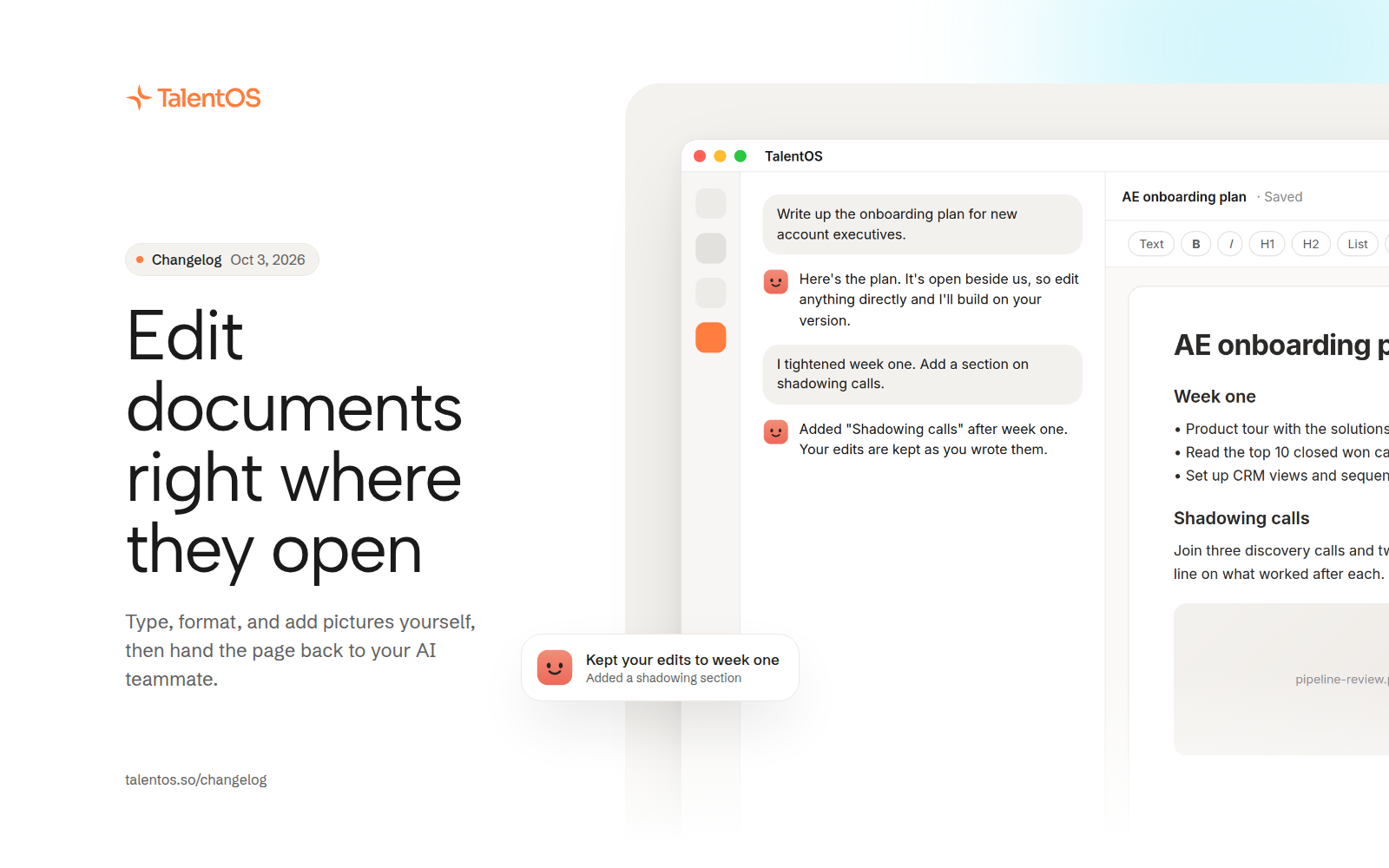 A document open beside the chat with a formatting toolbar, edited by hand while the AI teammate adds a new section