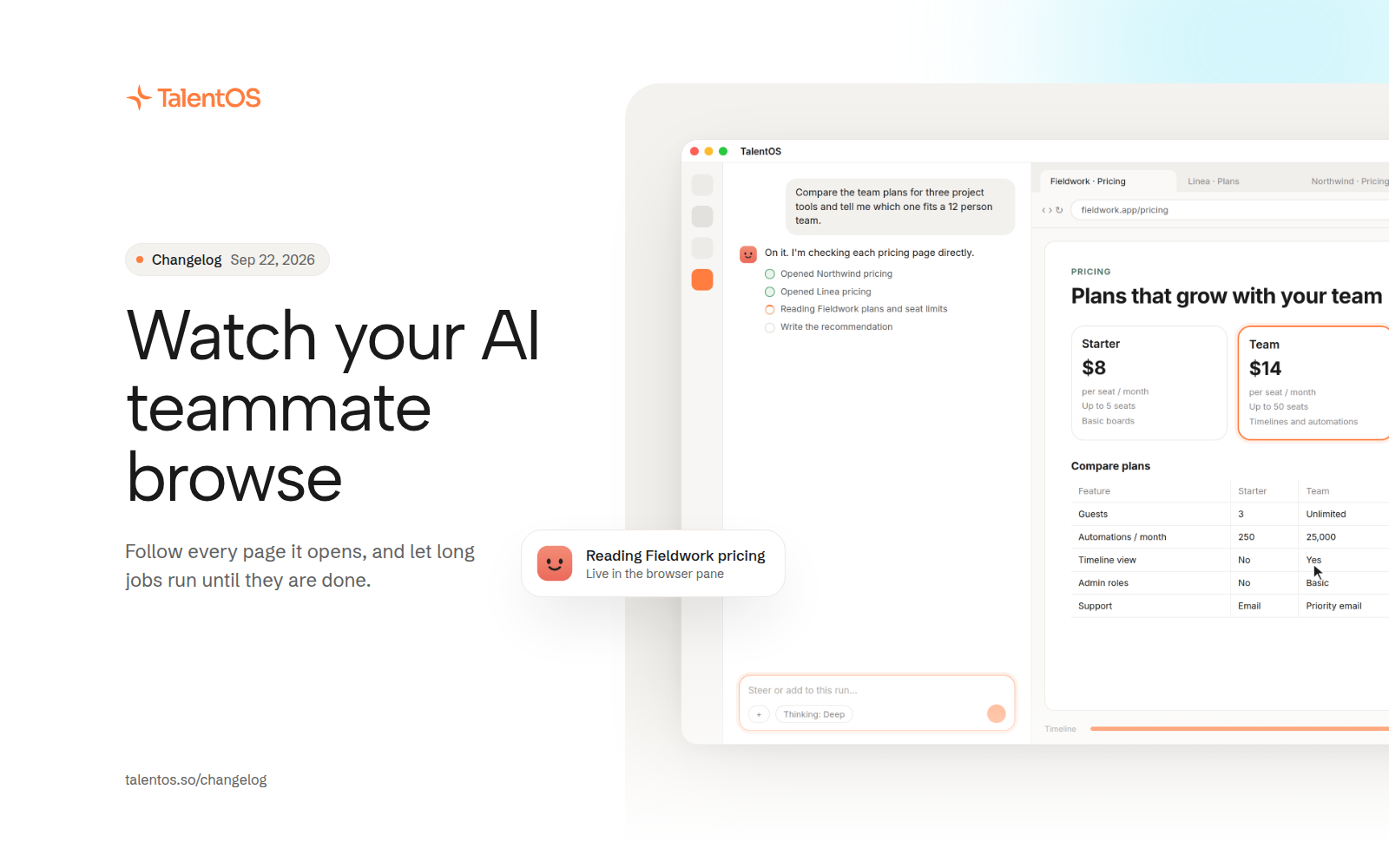 Watch your AI teammate browse: the live browser pane beside a chat, reading a pricing page