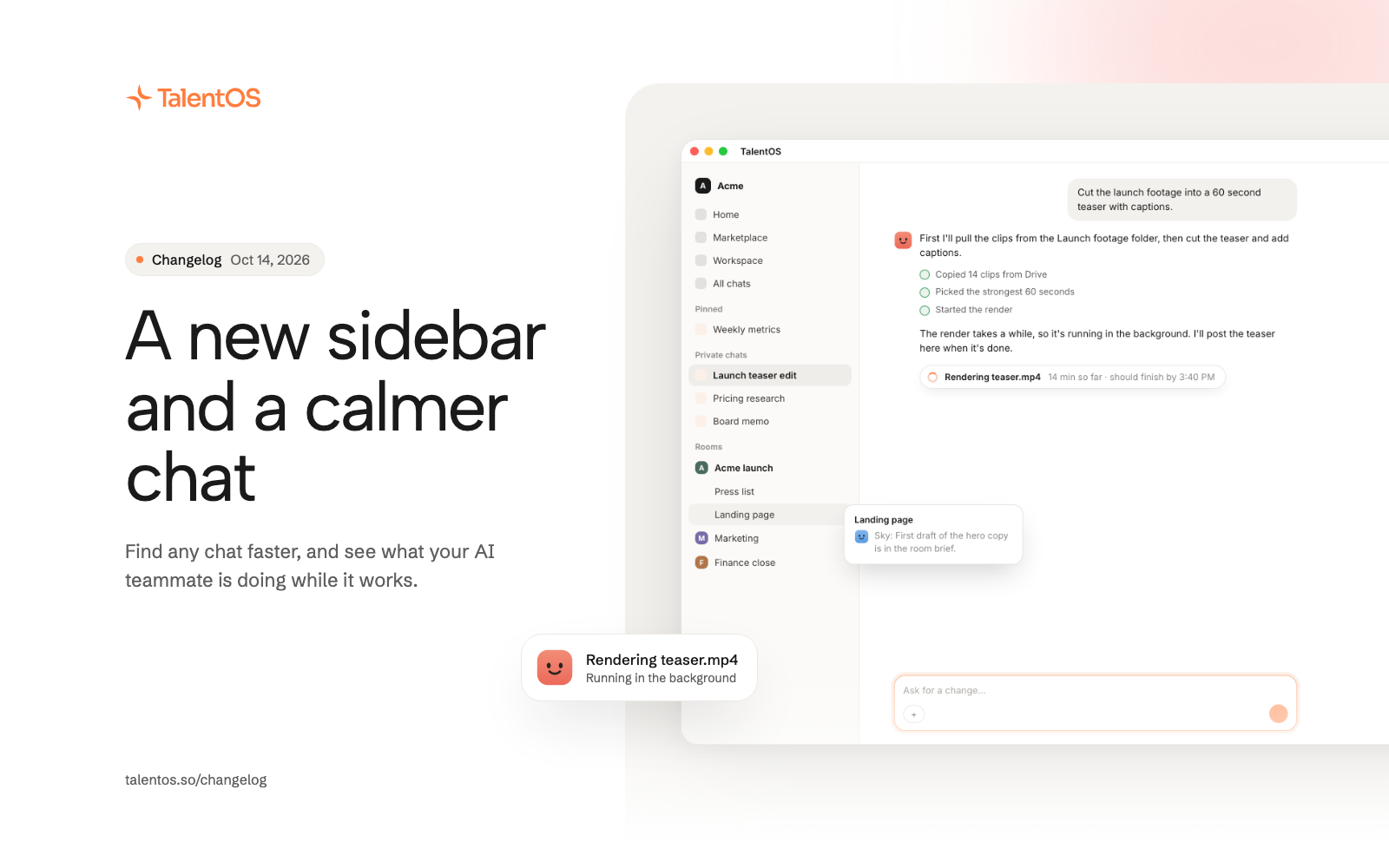 The new sidebar with pinned chats, private chats, and rooms, beside a chat where a video render runs in the background