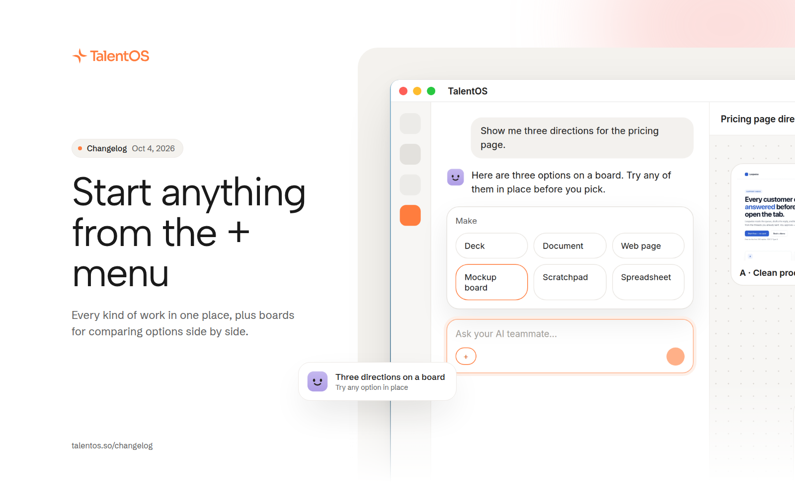 The composer + menu showing cards for Deck, Document, Web page, Mockup board, Scratchpad, and Spreadsheet
