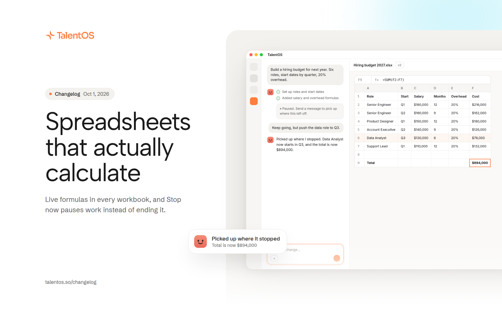 Spreadsheets that actually calculate: a hiring budget workbook with a live SUM total, next to a paused run that picks back up