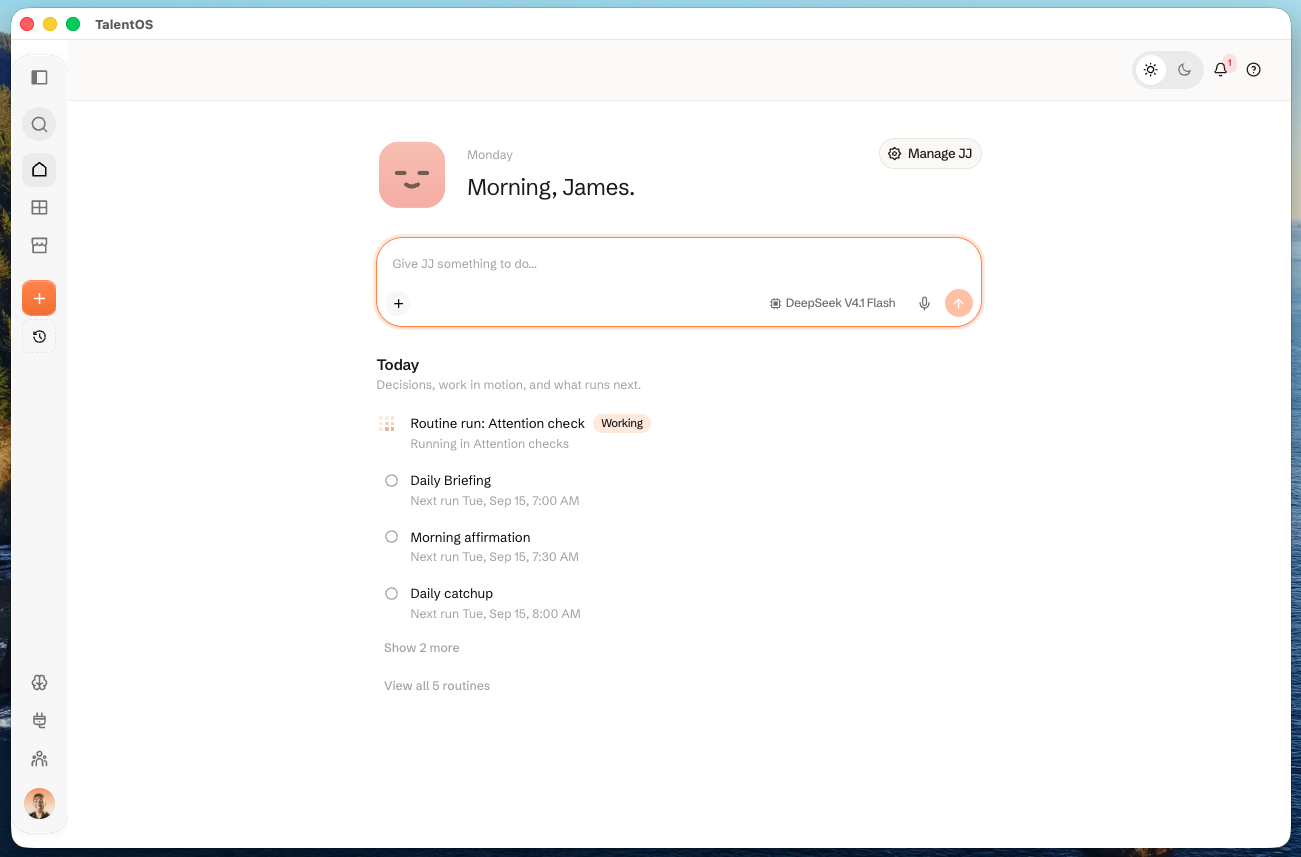 The TalentOS desktop beta open in light mode on macOS